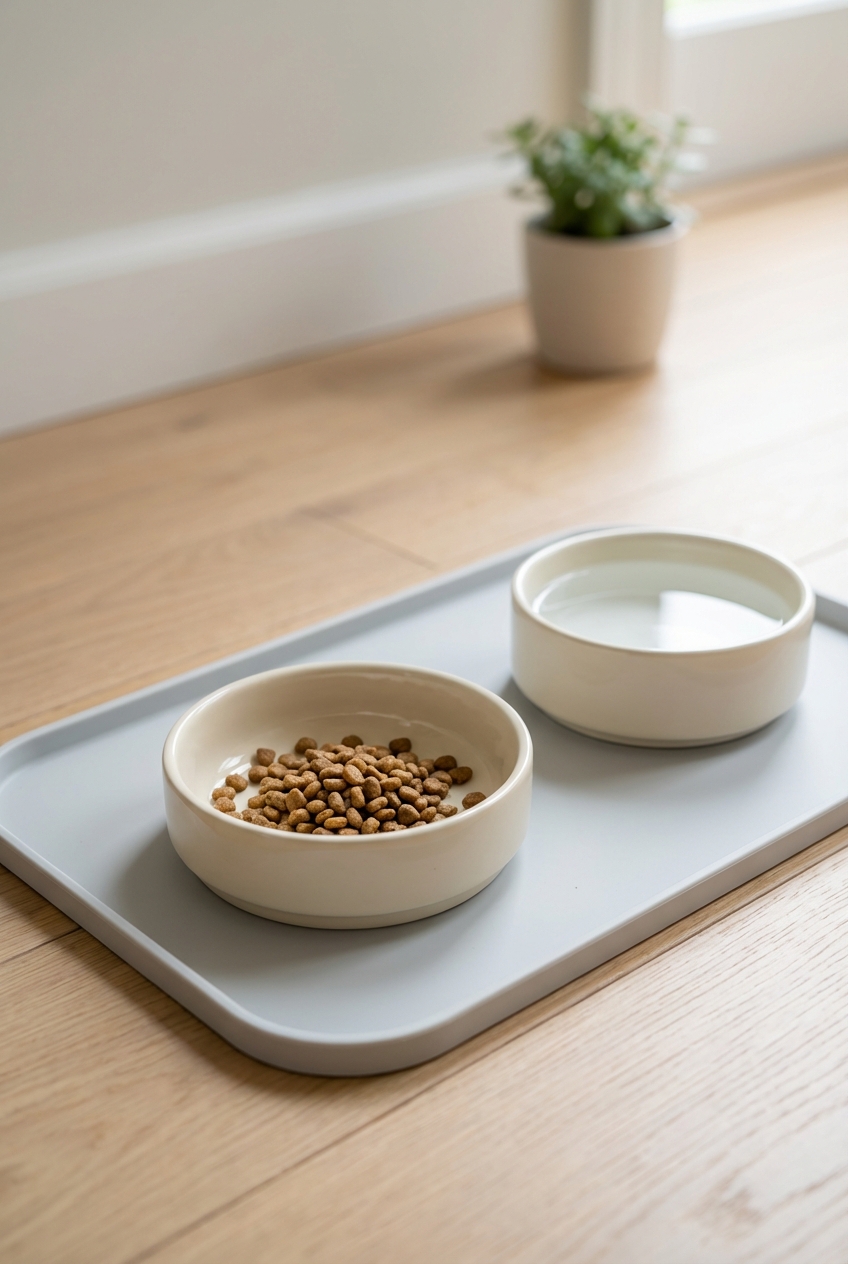 A clean feeding station with a shallow kitten bowl on a silicone mat and a separate water dish nearby