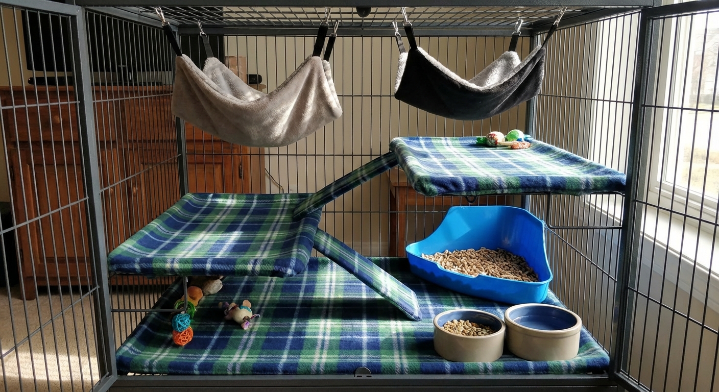 A clean ferret cage setup with hammocks, fleece bedding, a litter box in the corner, and sturdy food and water bowls