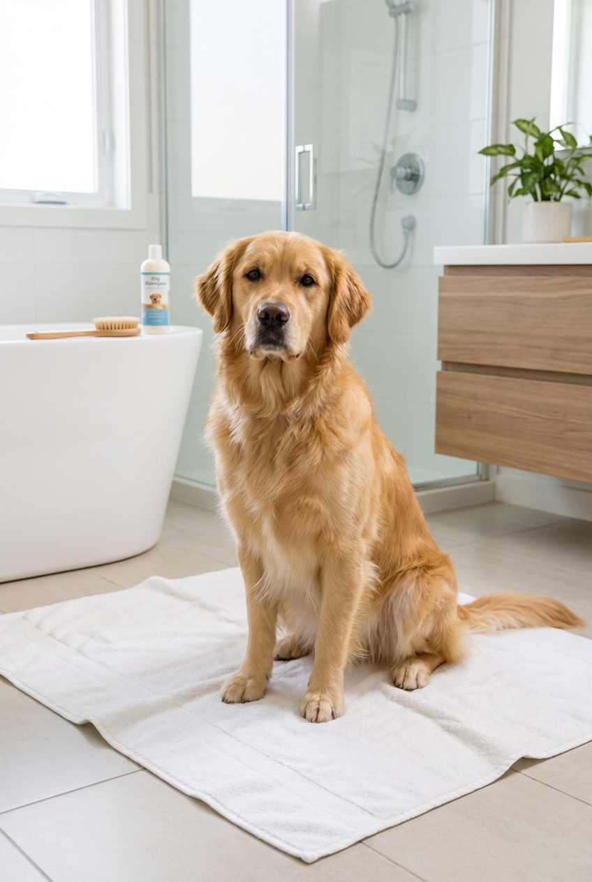 A clean, fluffy dog sitting on a towel in a bright bathroom while looking relaxed after a bath