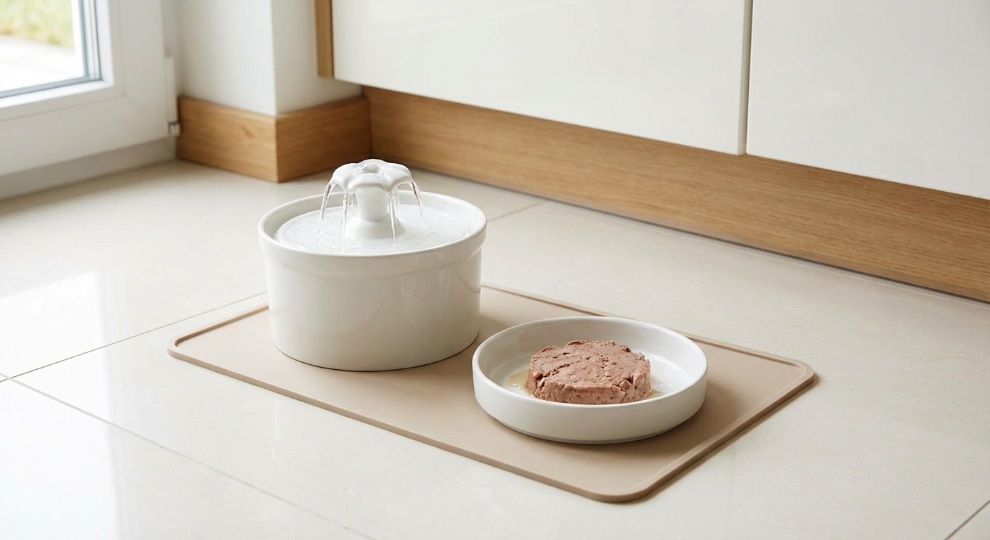 A clean home setup with a cat water fountain next to a bowl of wet food on a kitchen floor