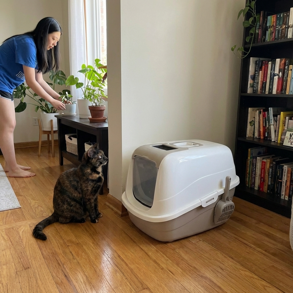 A clean indoor litter box in a quiet corner of a home