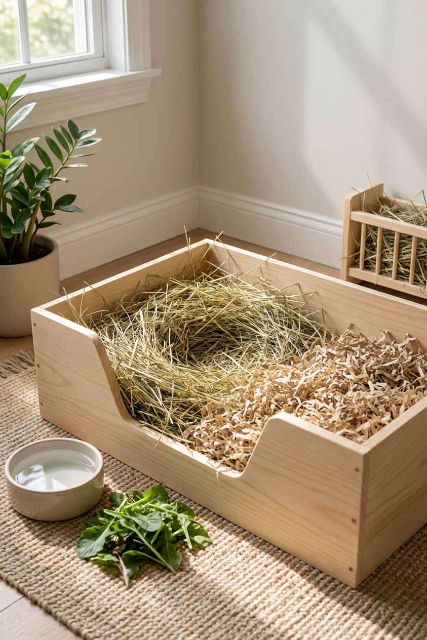 A clean indoor rabbit nest box lined with hay and soft paper bedding, placed in a quiet corner of a room, photorealistic
