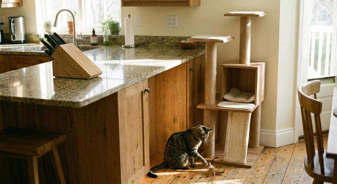 A clean kitchen counter with a closed knife block and a cat sitting safely on the floor near a toy