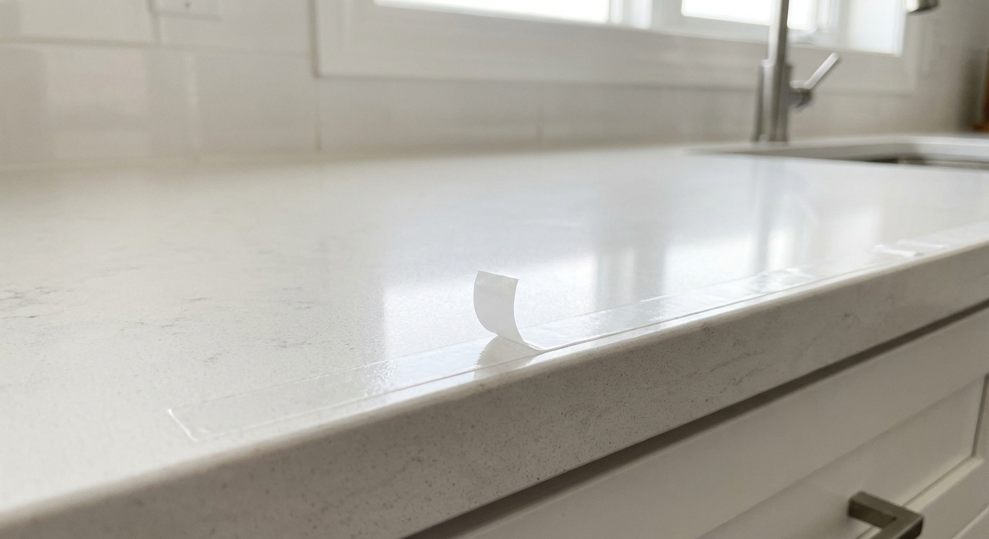 A clean kitchen counter with double-sided tape placed along the edge