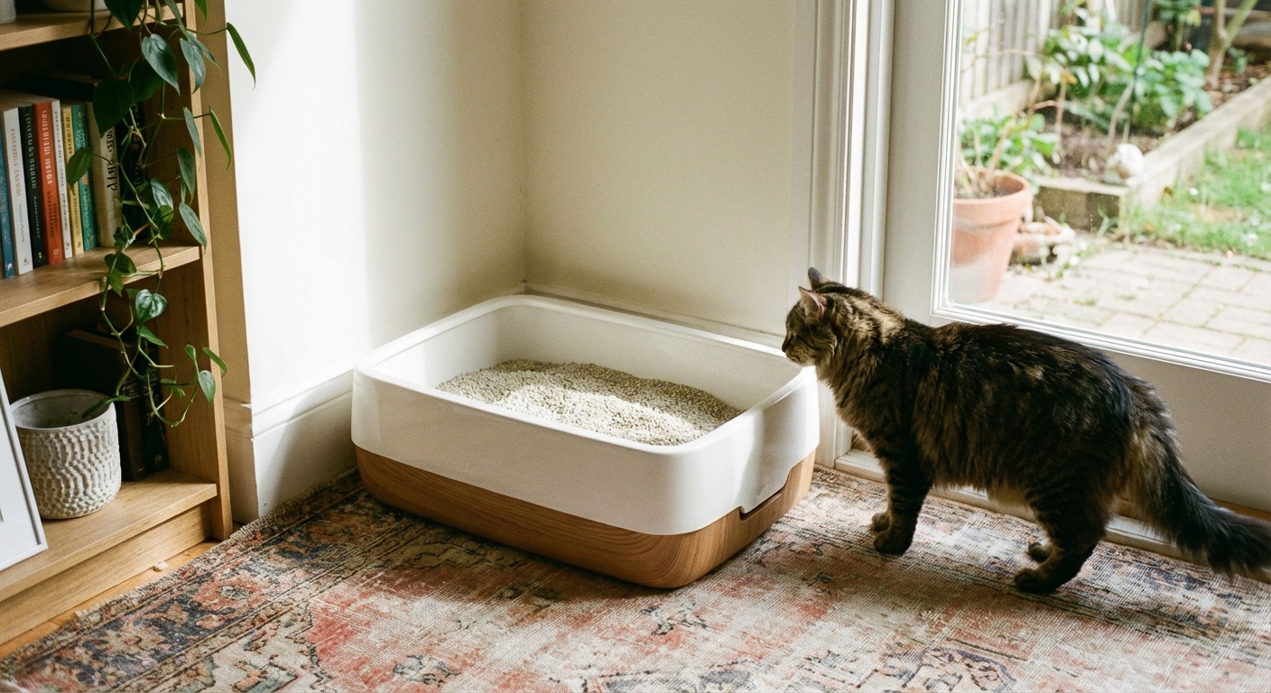A clean litter box placed in a quiet corner of a home with a cat standing nearby