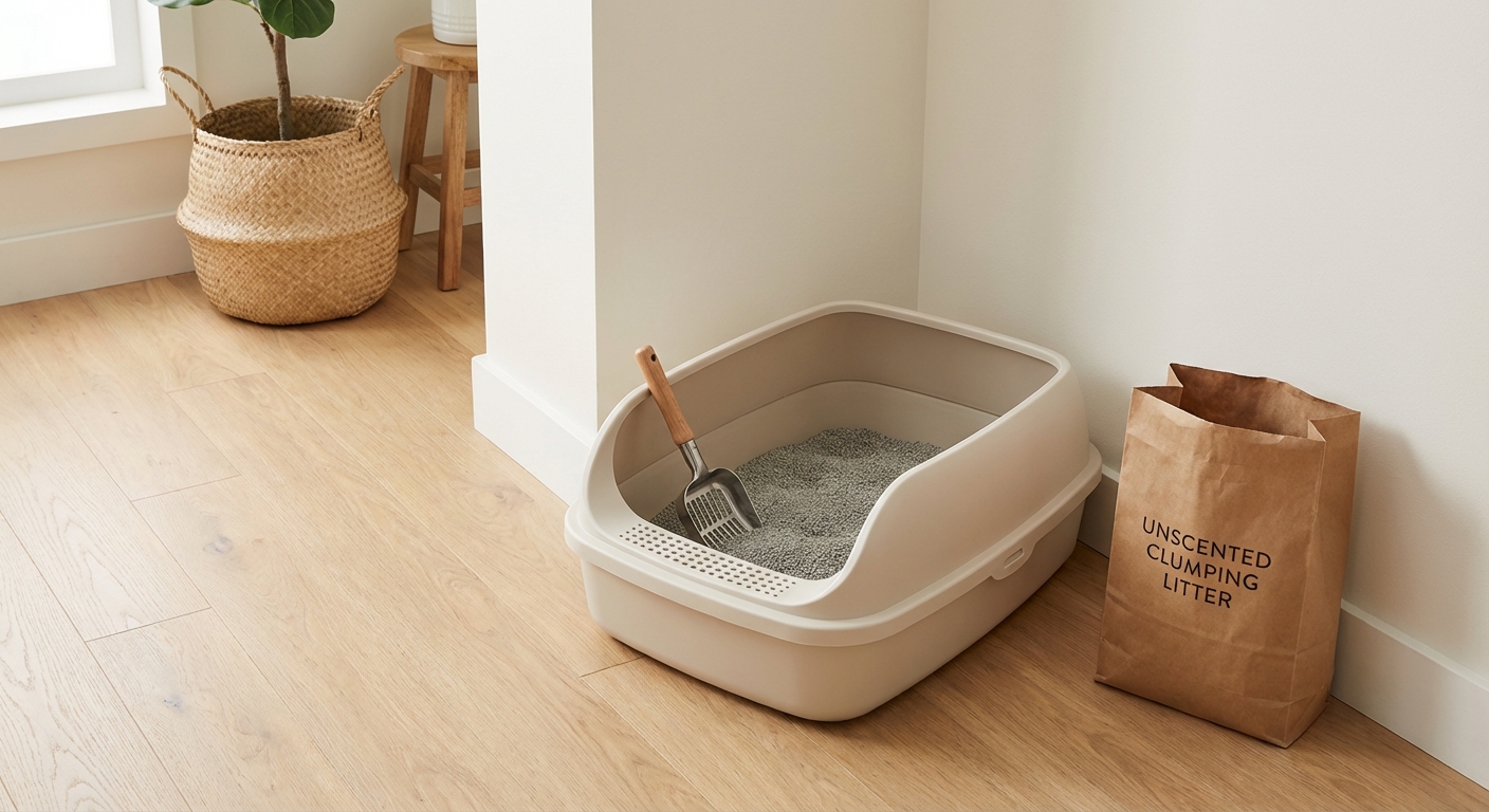 A clean, open litter box in a quiet corner of a home with a scoop and unscented clumping litter nearby
