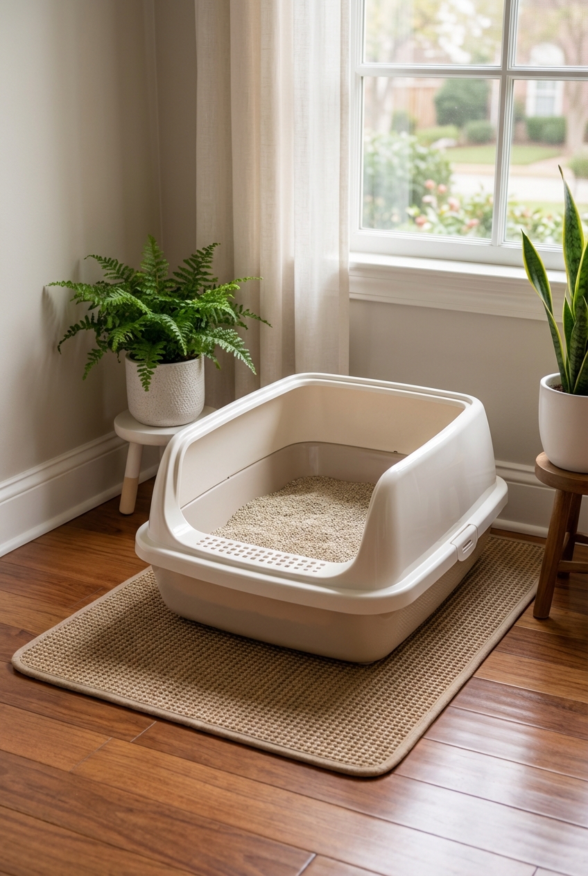 A clean open litter box in a quiet corner of a home with a cat mat underneath