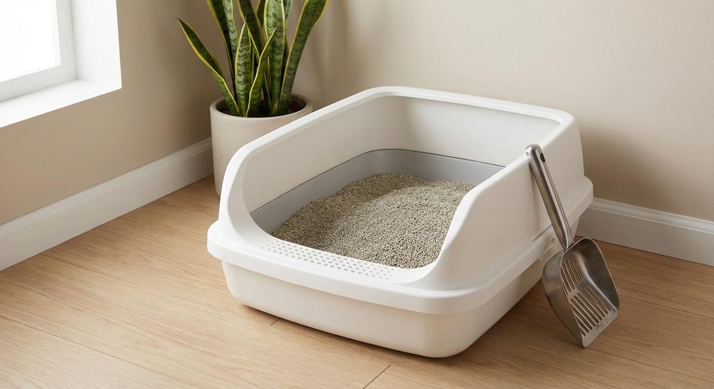 A clean open litter box in a quiet corner of a home with a scoop nearby