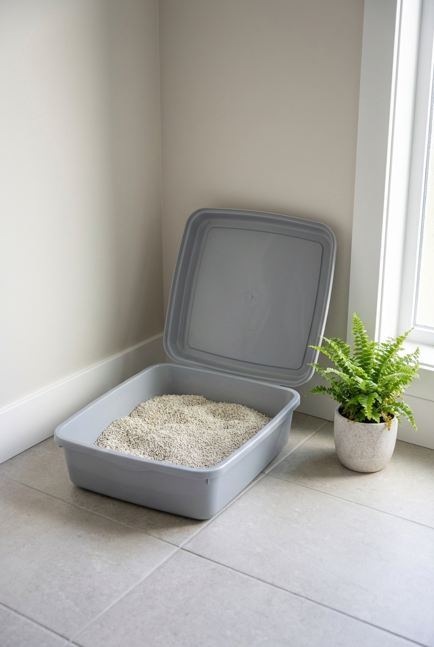 A clean open litter box placed in a quiet corner away from a cat's food and water bowls
