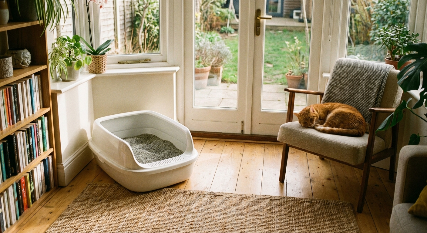A clean open litter box placed in a quiet corner of a home