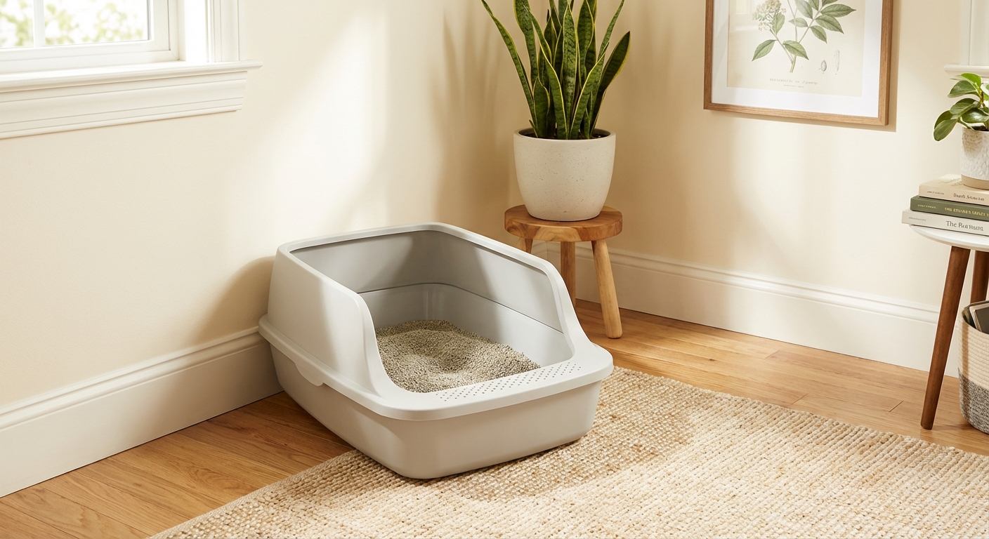 A clean, open litter box placed in a quiet corner of a room away from appliances