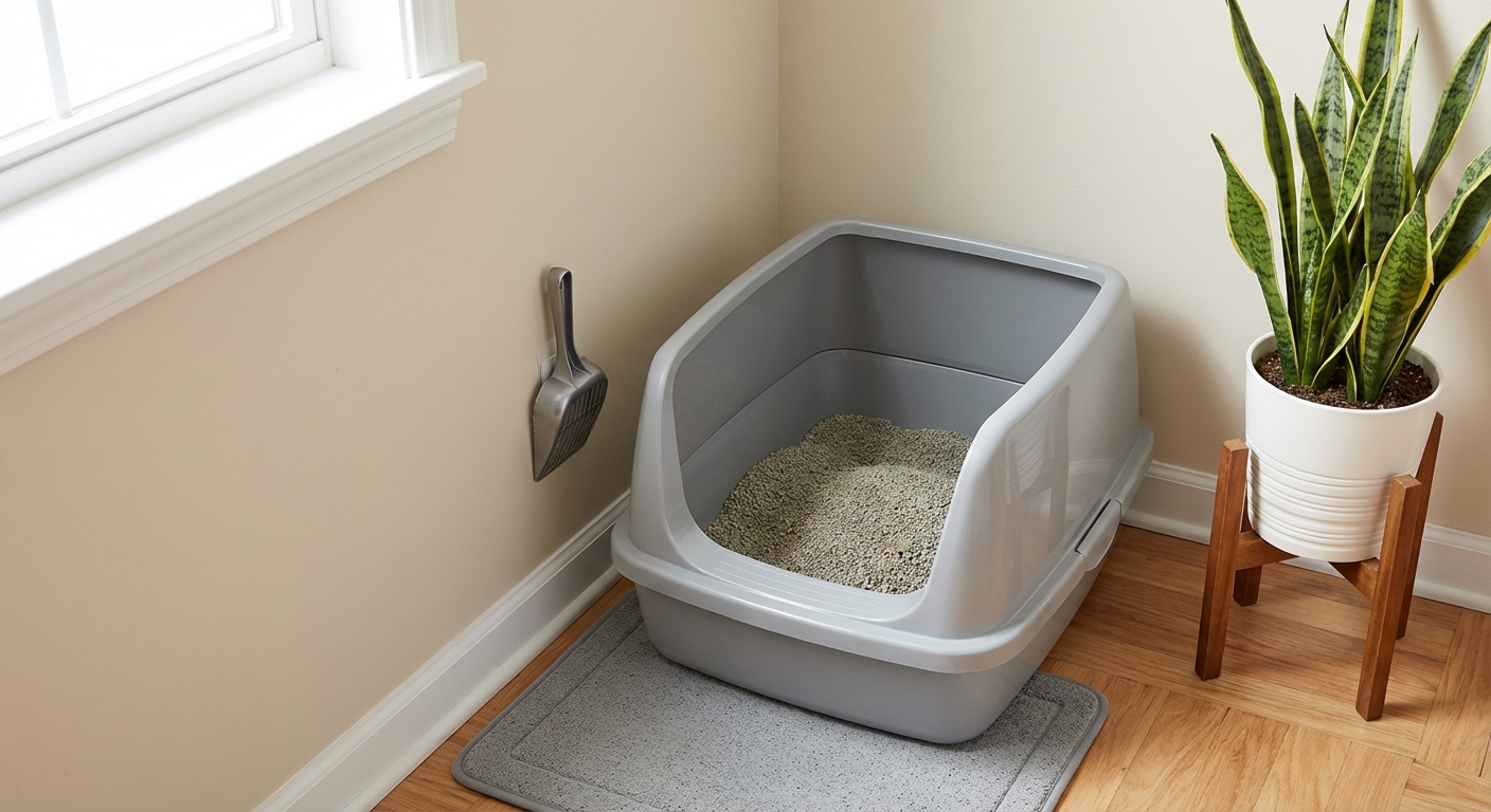 A clean open litter box set up in a quiet corner of a home