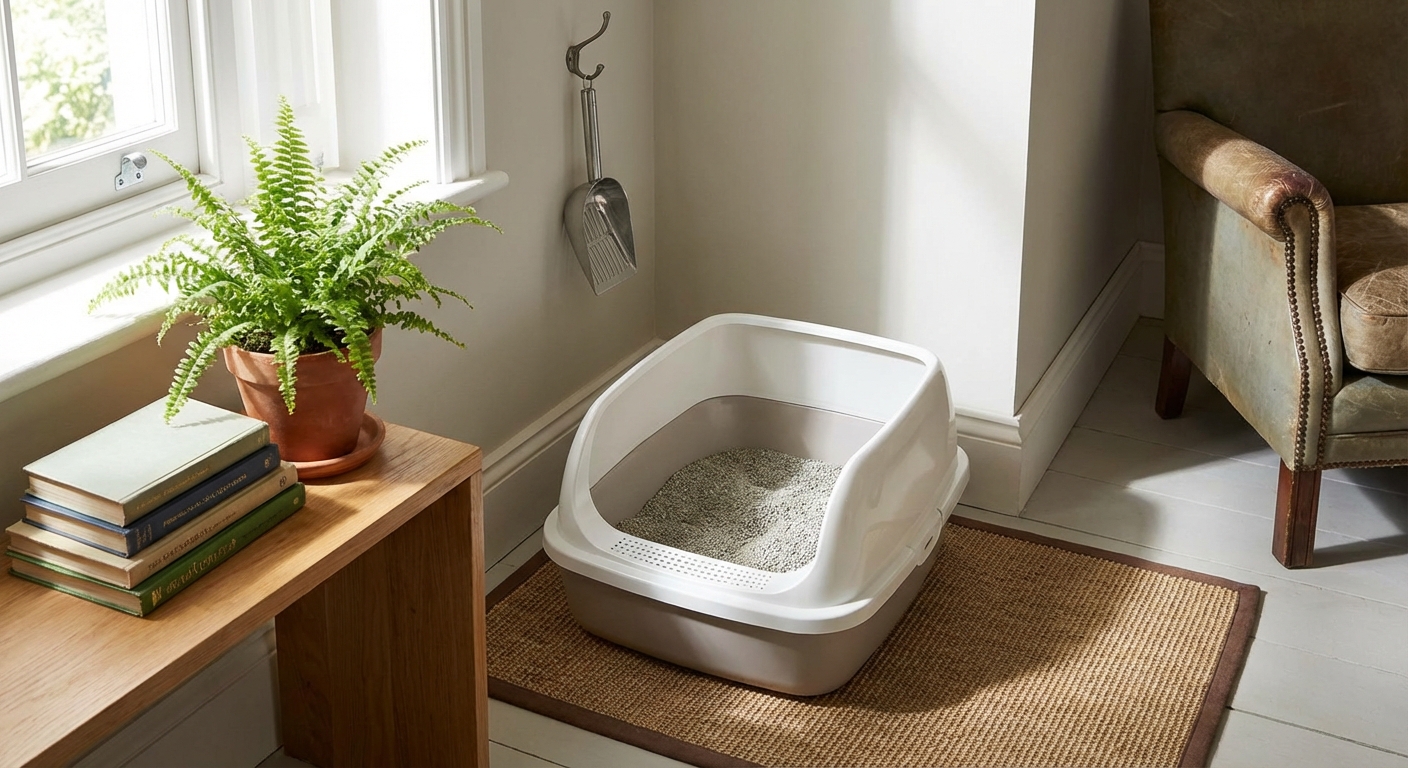 A clean open litter box with unscented clumping litter placed in a quiet corner of a home
