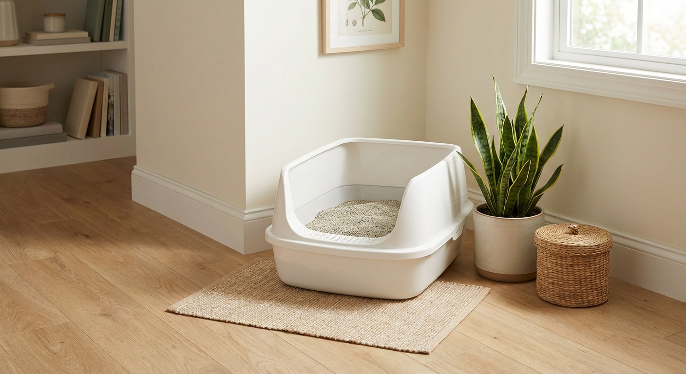 A clean open litter box with unscented clumping litter placed in a calm corner of a home