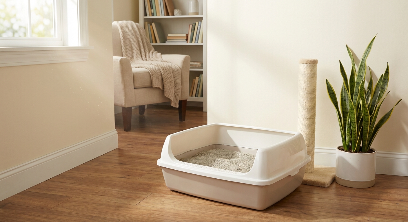 A clean open litter box with unscented clumping litter in a quiet corner of a living room