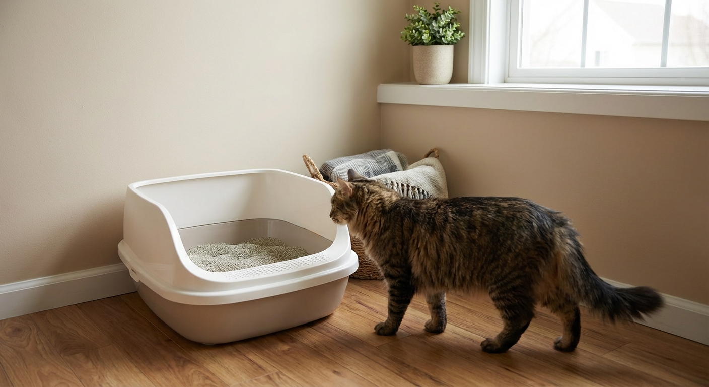A clean open-top litter box in a quiet corner of a home with a cat walking toward it