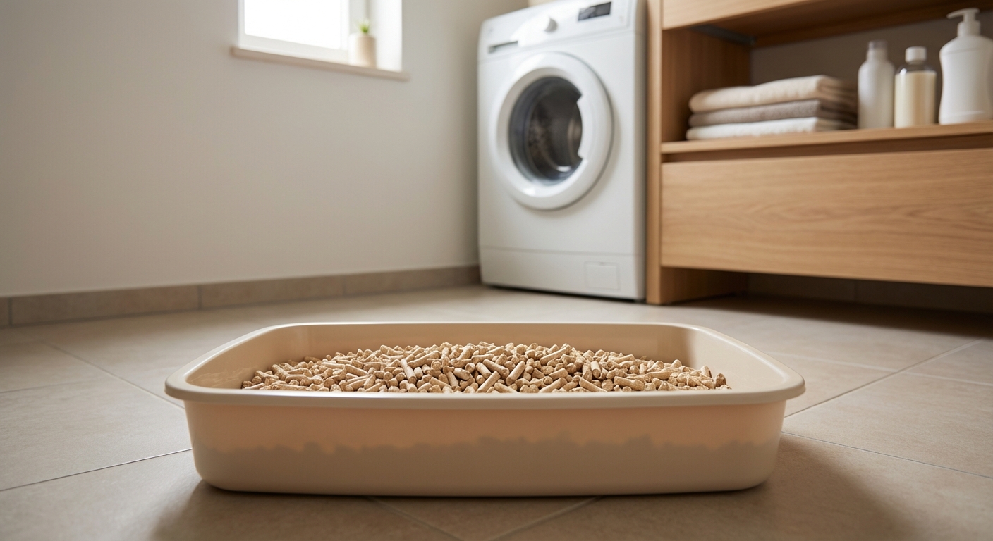A clean, shallow plastic tray lined with paper pellet litter placed in a quiet corner of a laundry room