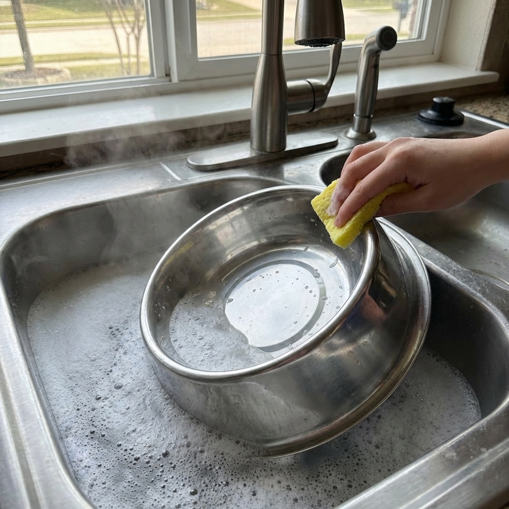 A clean stainless steel pet bowl being washed in a kitchen sink with hot soapy water