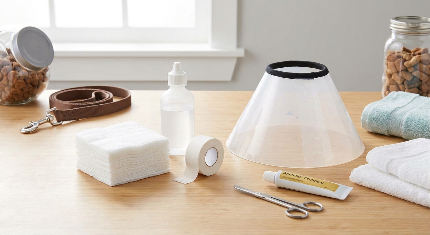 A clean tabletop with dog wound care supplies including gauze pads, saline, medical tape, and an e-collar ready for aftercare