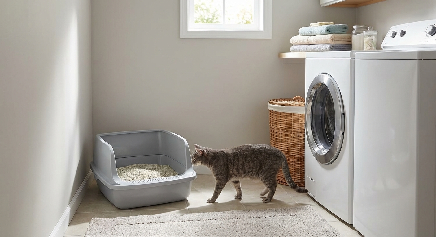 A clean uncovered litter box in a quiet laundry room with a cat approaching it