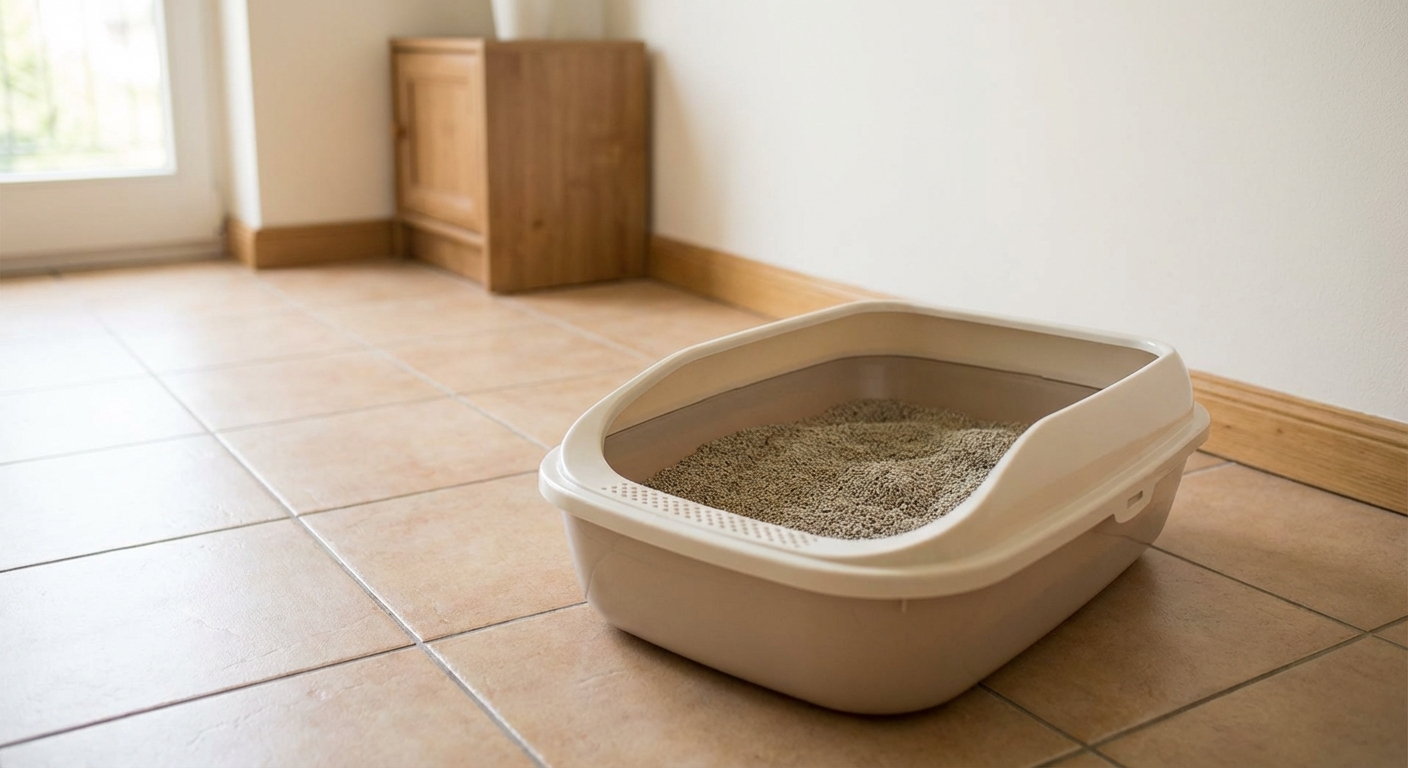A clean uncovered litter box on a tiled floor in a quiet room