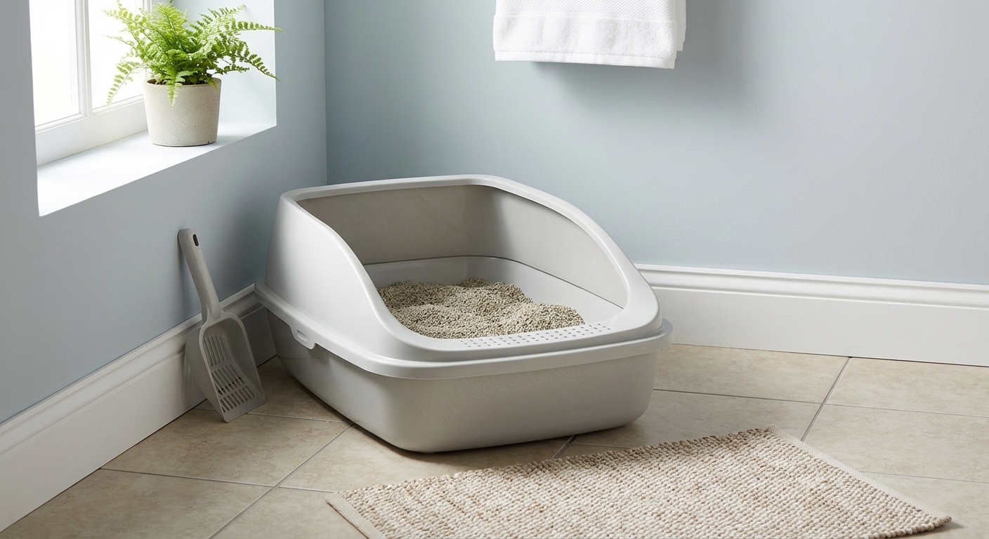 A clean, uncovered litter box placed in a quiet bathroom corner with a scoop nearby, natural daylight, realistic photo