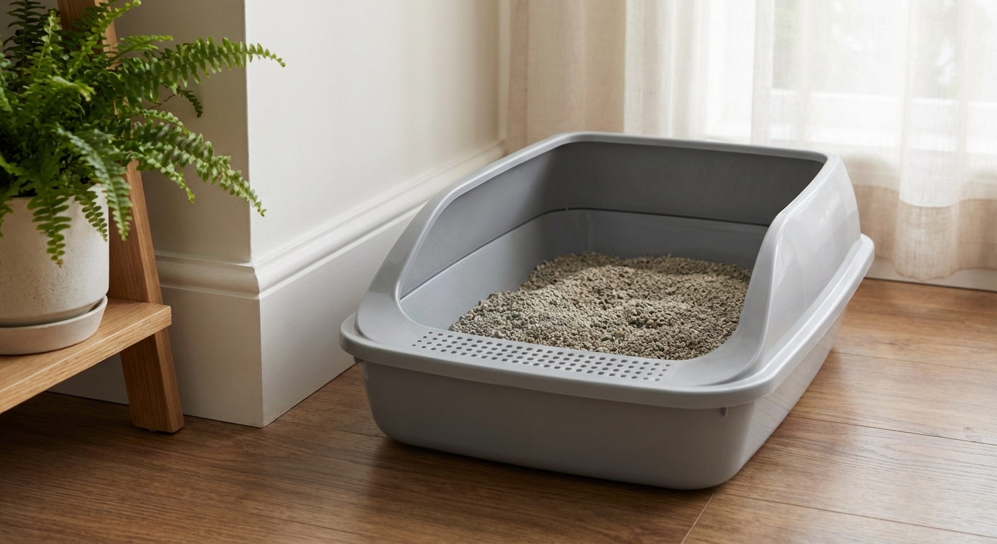 A clean uncovered litter box placed in a quiet corner of a home