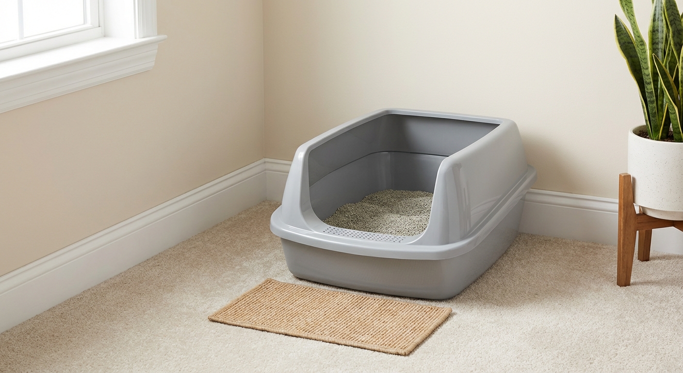 A clean uncovered litter box placed in a quiet corner of a room away from food and water
