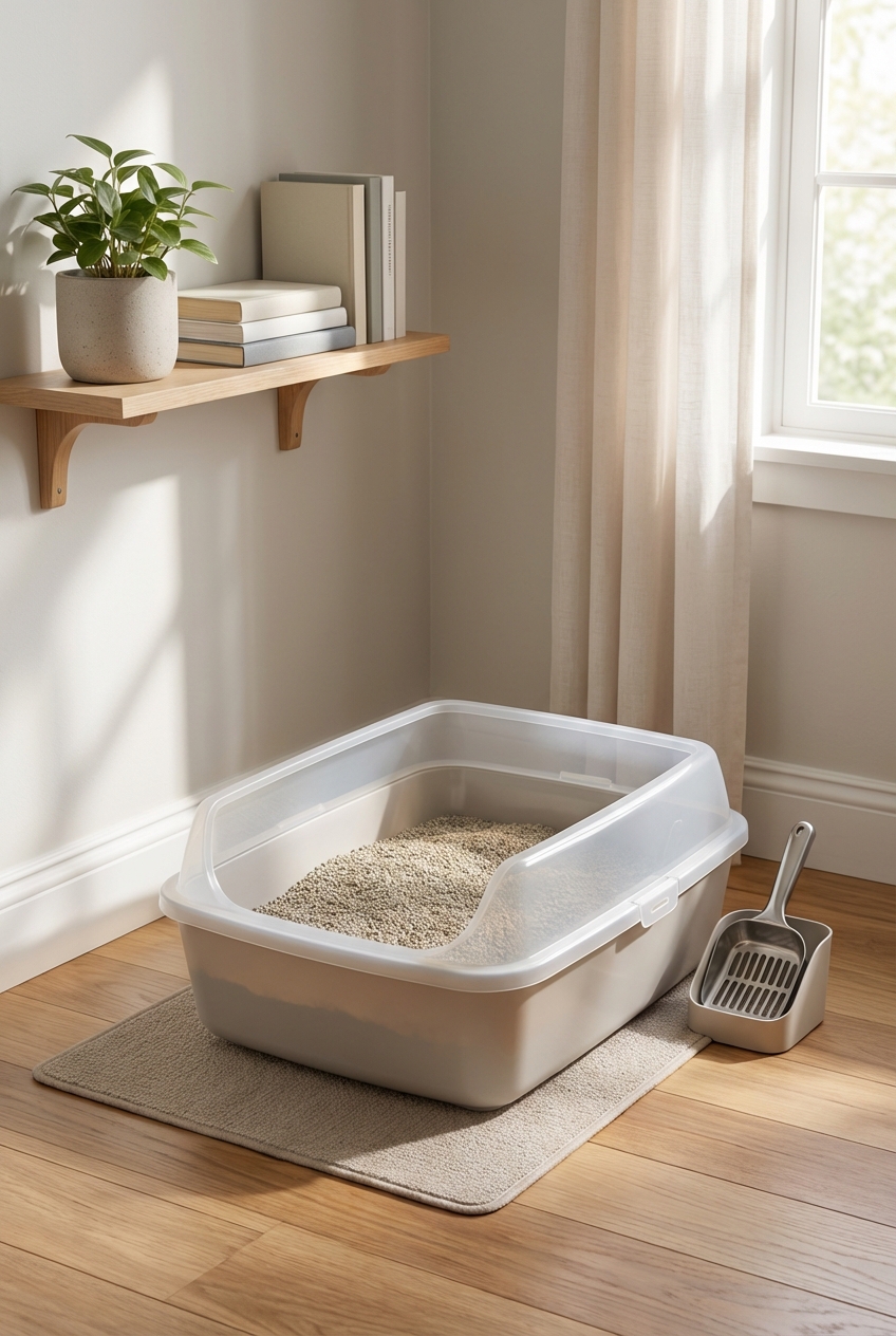 A clean uncovered litter box set up in a quiet corner of a home