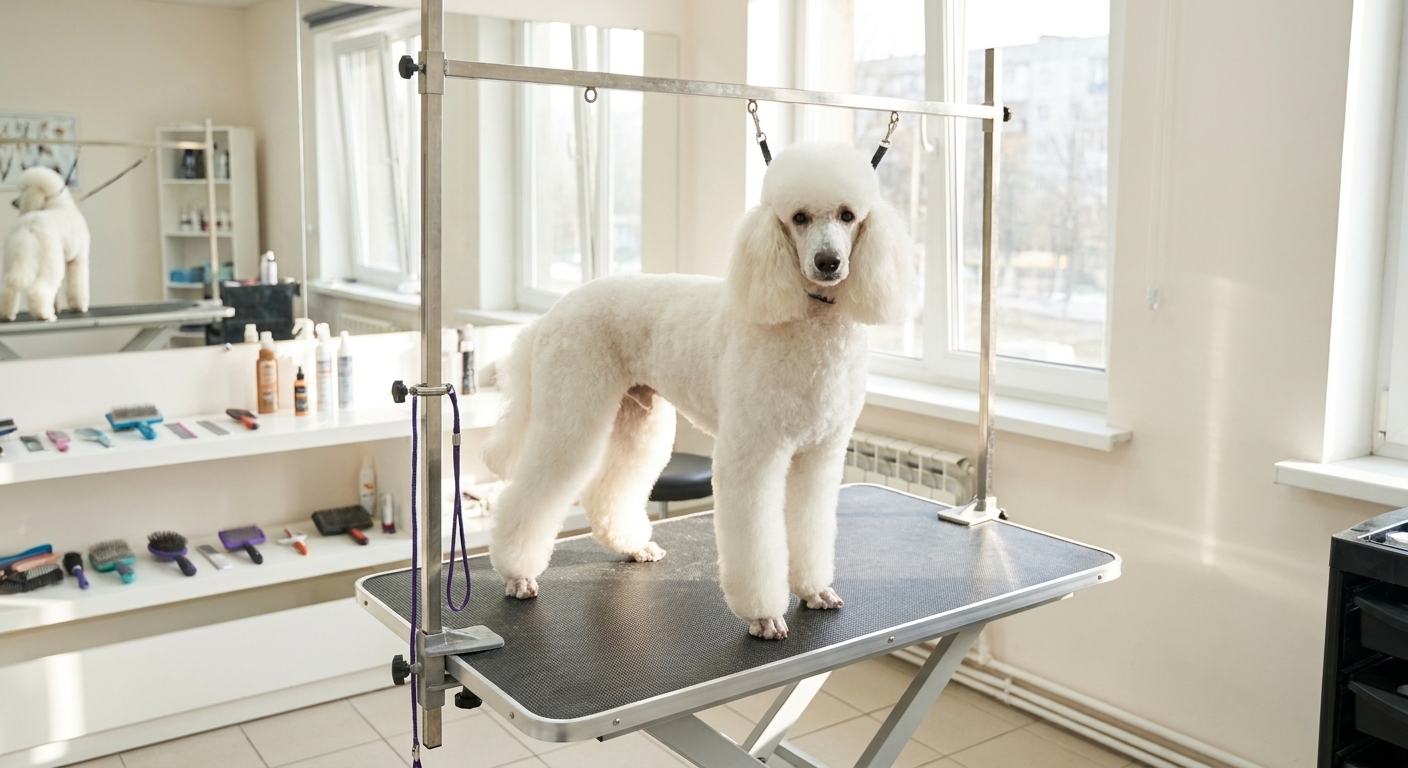 A clean, well-groomed Standard Poodle standing calmly on a grooming table in a bright professional salon, natural light, realistic photography
