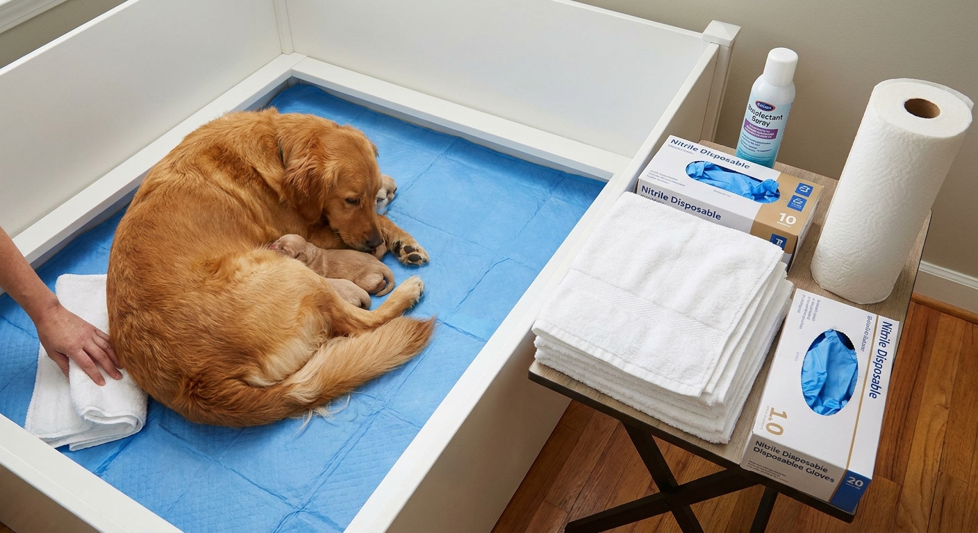 A clean whelping area with washable bedding, disposable gloves, and towels arranged next to a resting mother dog, showing practical postpartum care supplies