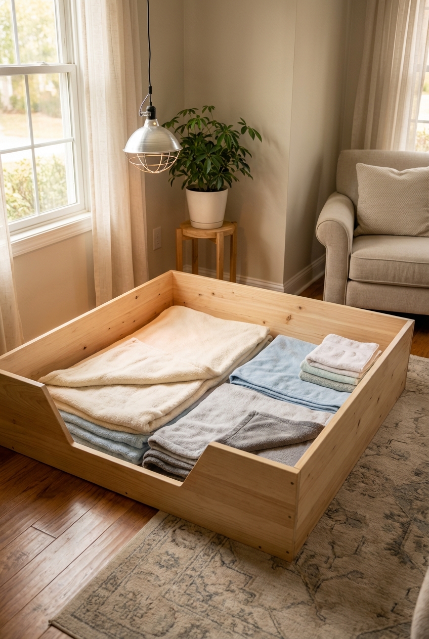 A clean whelping box lined with soft washable blankets in a quiet corner of a home