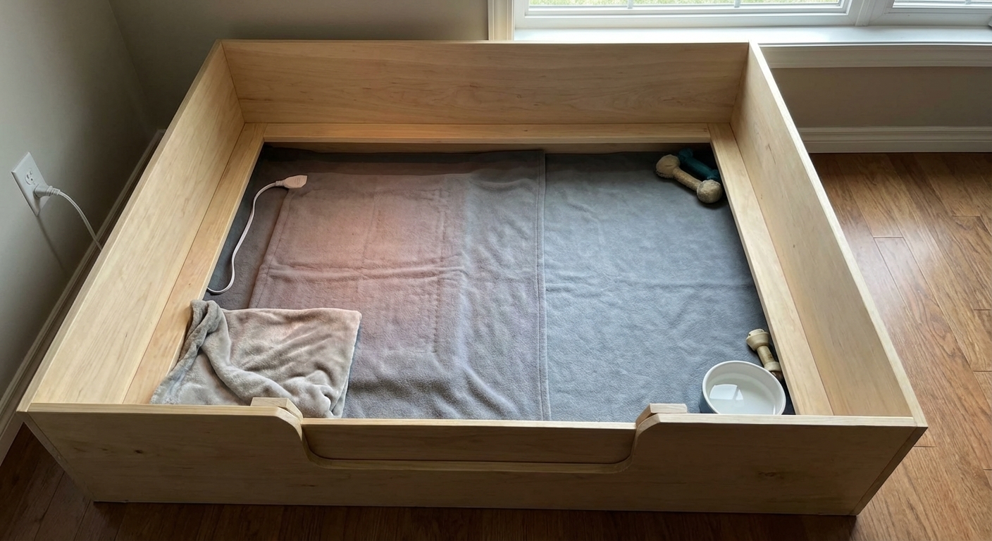 A clean whelping box setup with a heating pad placed under one half of the bedding to create a warm and cooler zone, real-life photography style