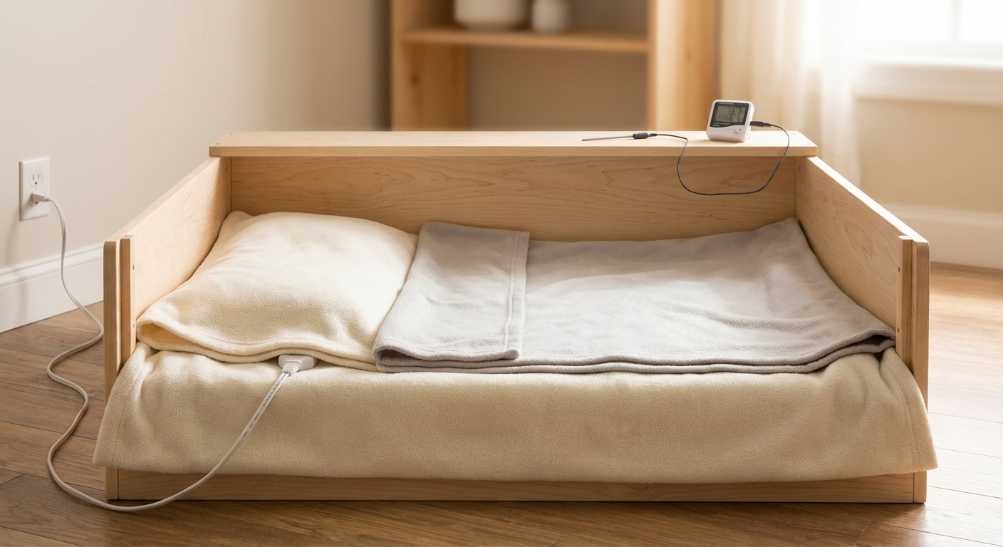 A clean whelping box with soft blankets, a heating pad placed under half the box, and a digital thermometer nearby