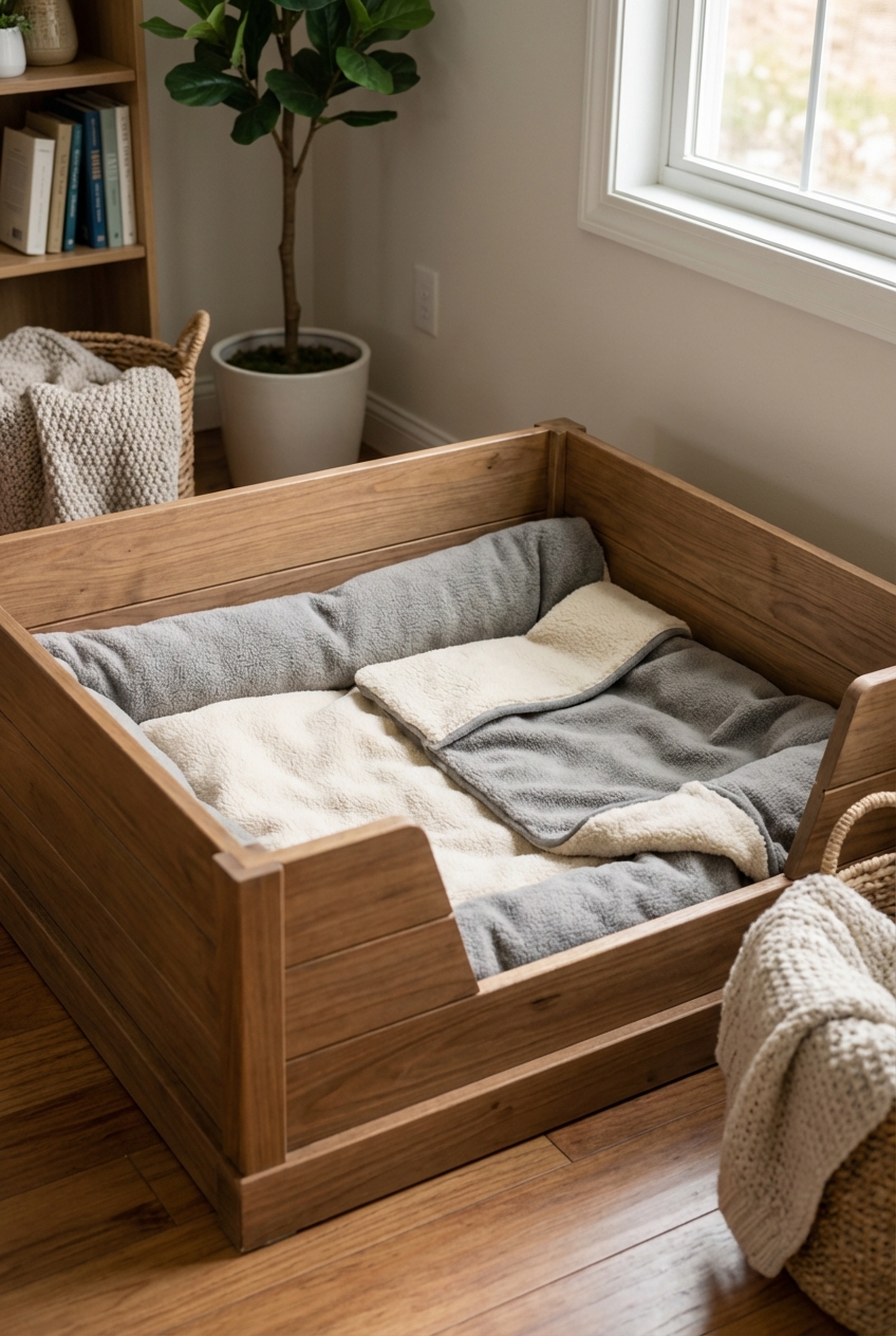 A clean whelping box with soft washable bedding in a quiet corner of a home