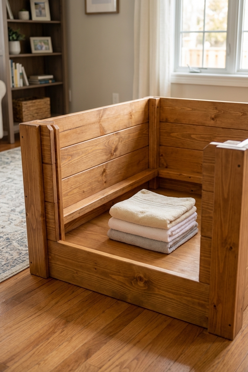 A clean wooden whelping box with pig rails and neatly layered towels on the floor in a home setting, realistic photography