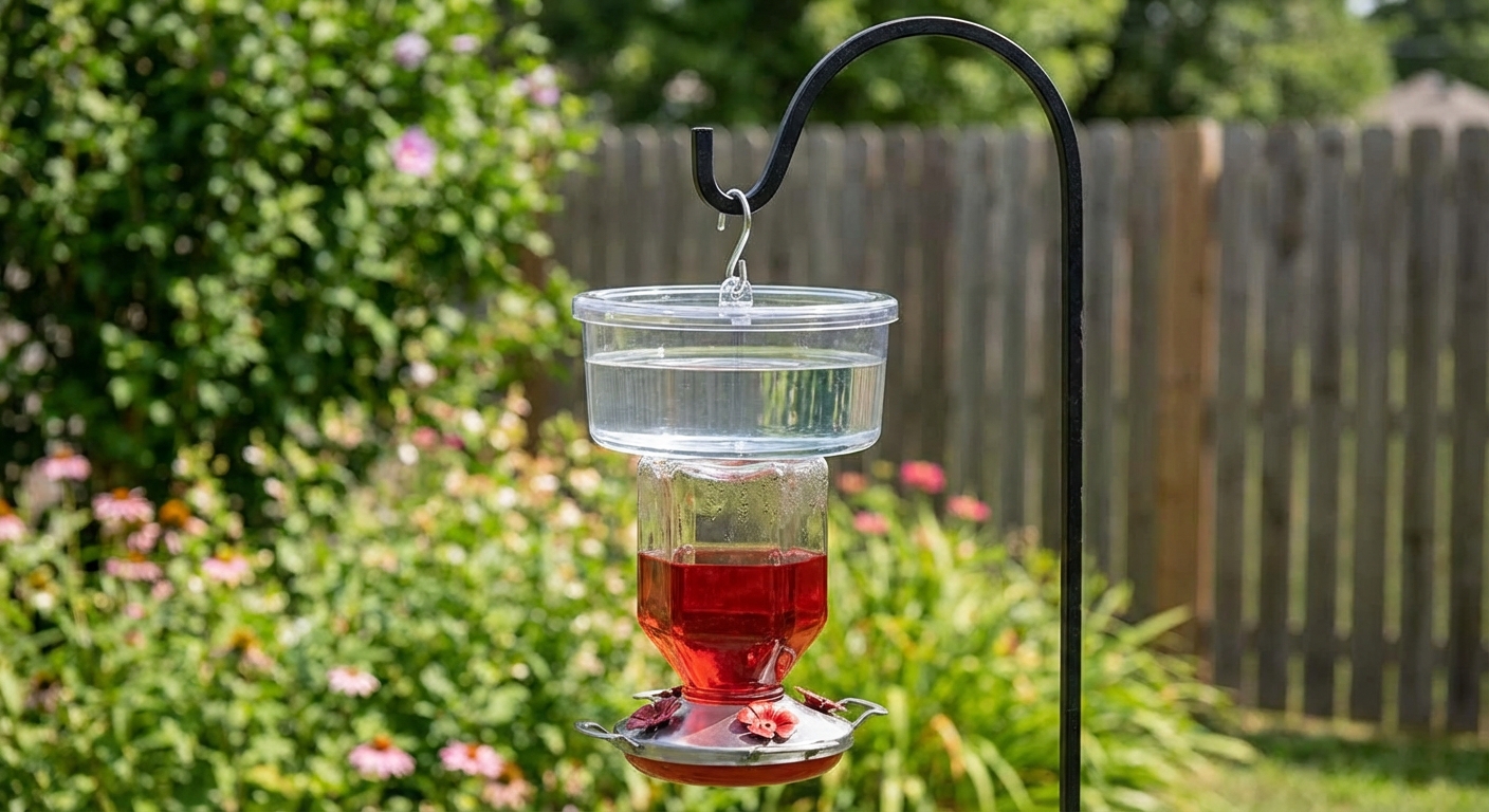 A clear ant moat filled with water hanging above a hummingbird feeder on a shepherd's hook