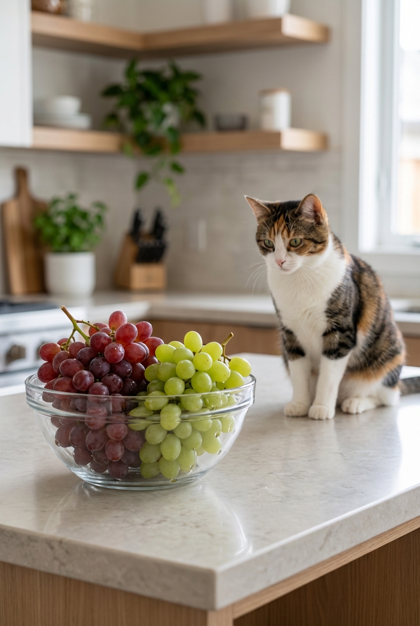 A clear glass bowl on a counter containing grapes with a cat sitting nearby but out of reach