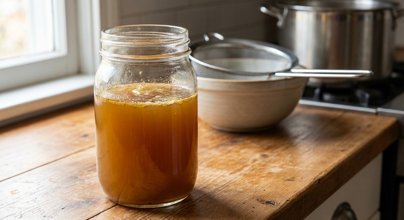 A clear glass jar filled with golden homemade bone broth on a wooden kitchen counter, with a metal strainer and a pot in the softly blurred background, natural light, photorealistic food photography