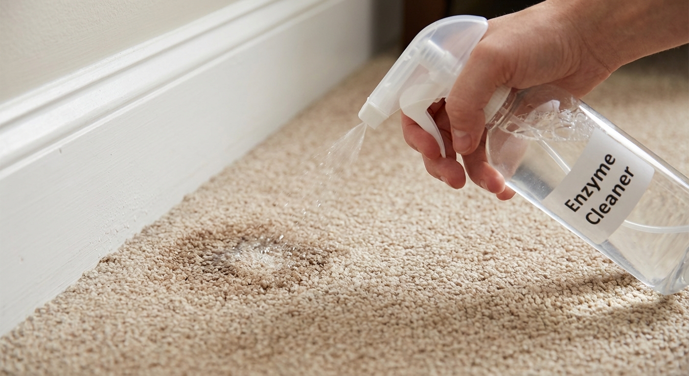A clear spray bottle applying enzyme cleaner to a small wet spot on carpet near a baseboard
