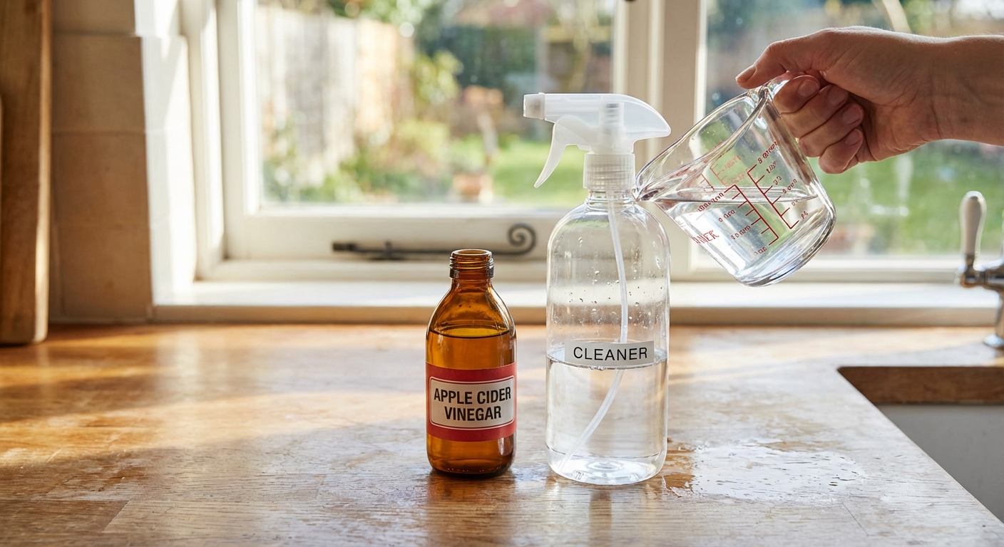 A clear spray bottle on a kitchen counter being filled with water from a measuring cup while a small bottle of apple cider vinegar sits beside it, natural window light, photorealistic