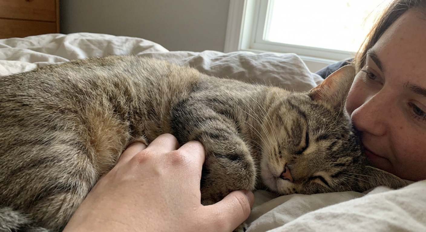 A close photo of a calm cat resting with a person gently observing breathing while the cat lies on a bed
