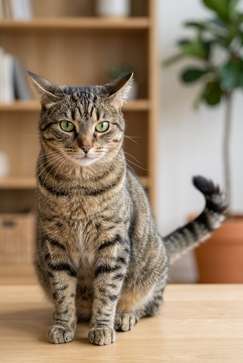 A close photo of a cat with ears turned sideways and tail swishing