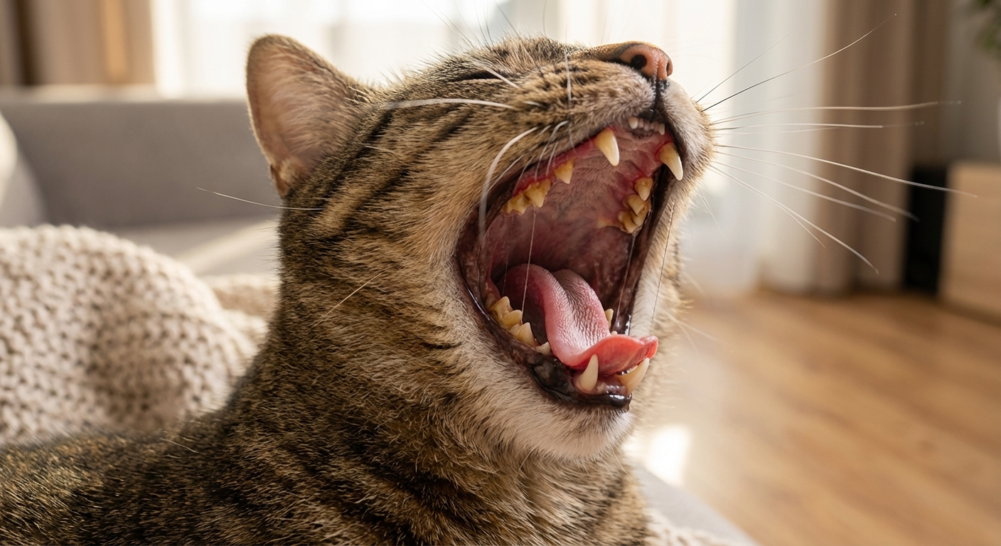 A close photo of a cat yawning with visible tartar on the back teeth and slightly red gums, realistic indoor lighting photography
