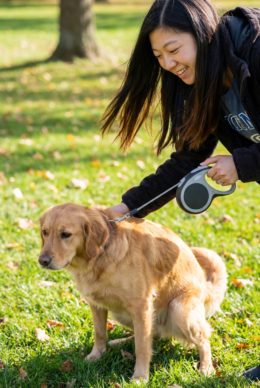 A close photo of a dog owner holding a leash while the dog stands on grass during a bathroom break