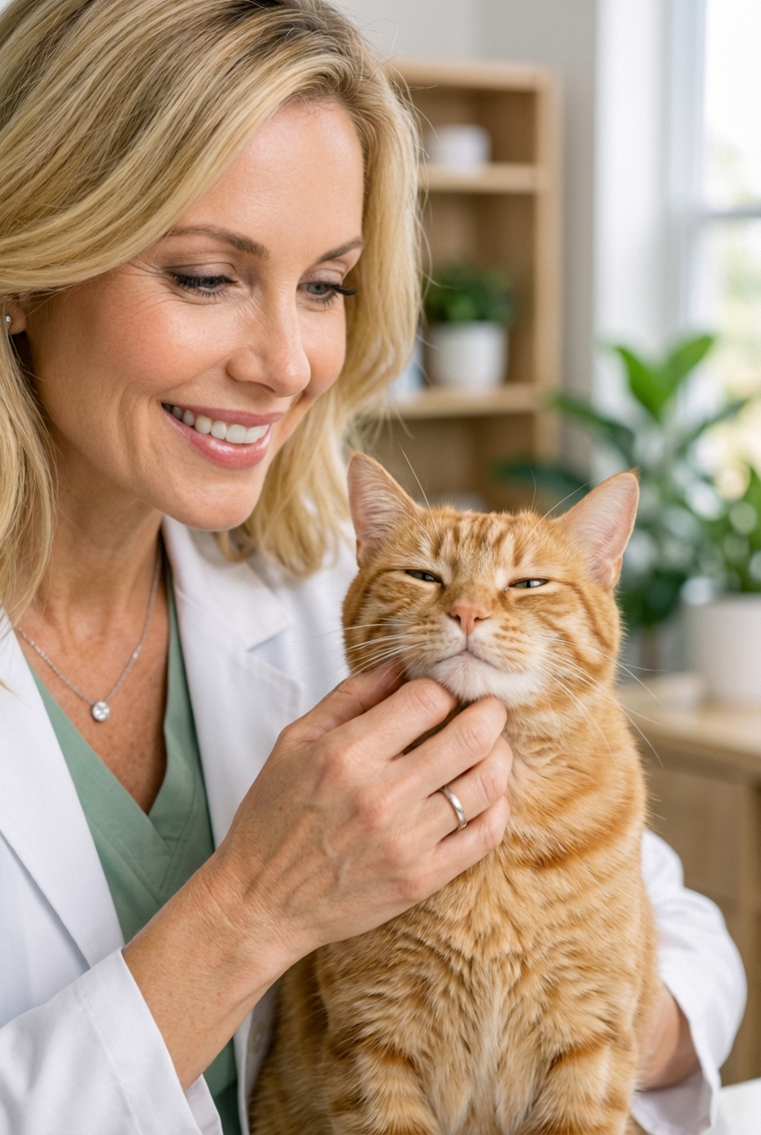 A close photo of a person gently scratching a cat under the chin while the cat’s eyes are half-closed