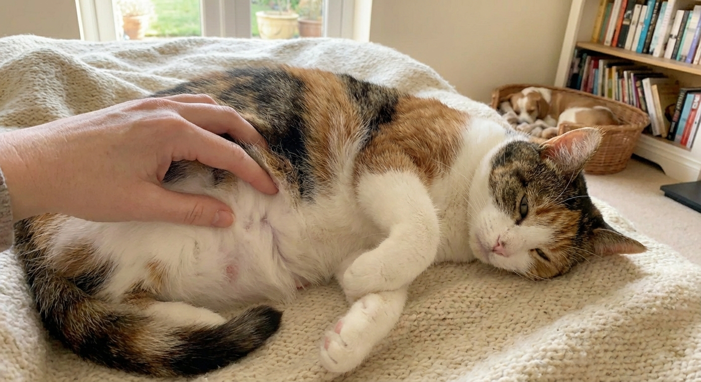A close photo of a relaxed cat lying on her side while a person gently parts fur near the belly