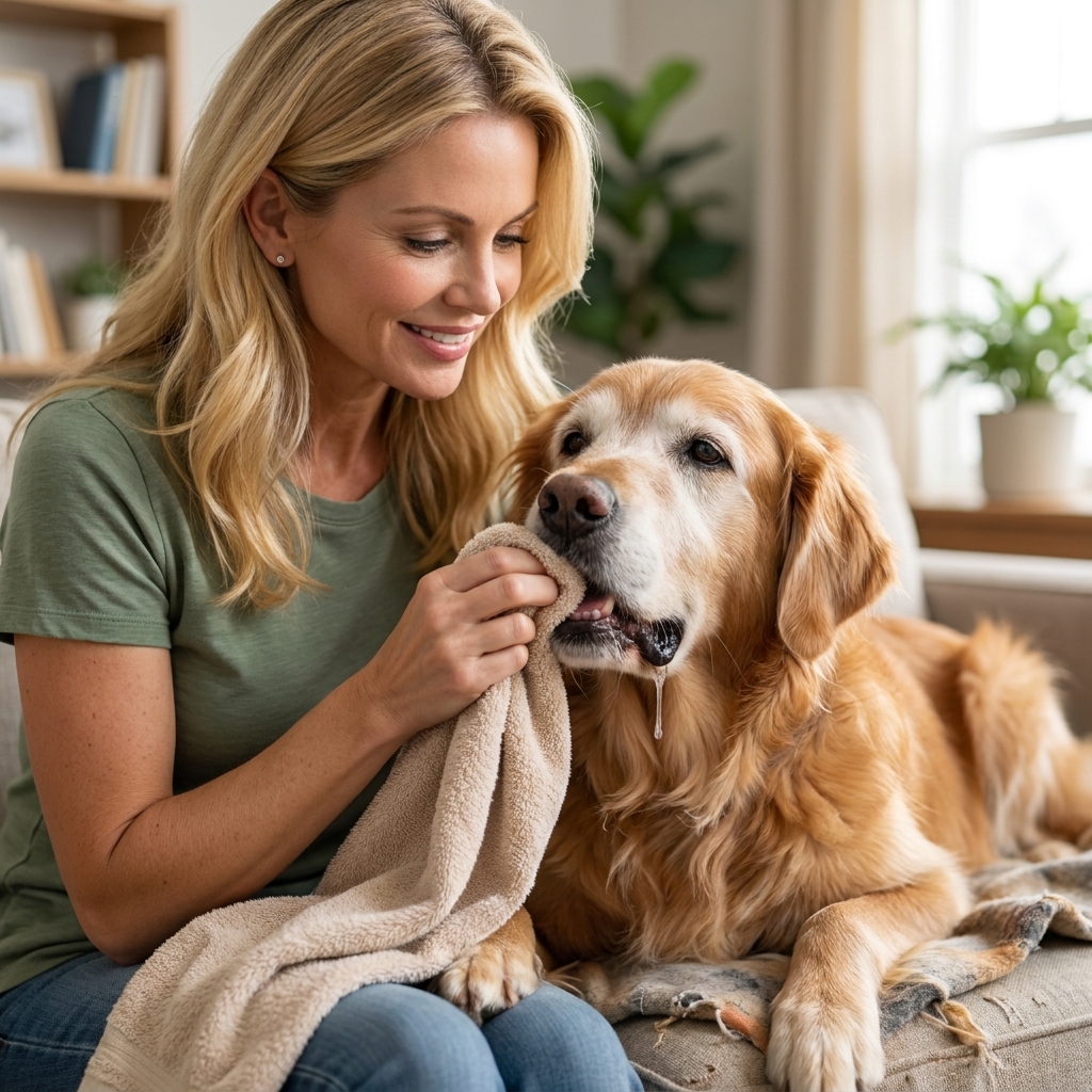 A close, real-life photograph of a senior dog resting with slightly drooly lips while a caregiver gently wipes the dog’s mouth with a soft cloth at home
