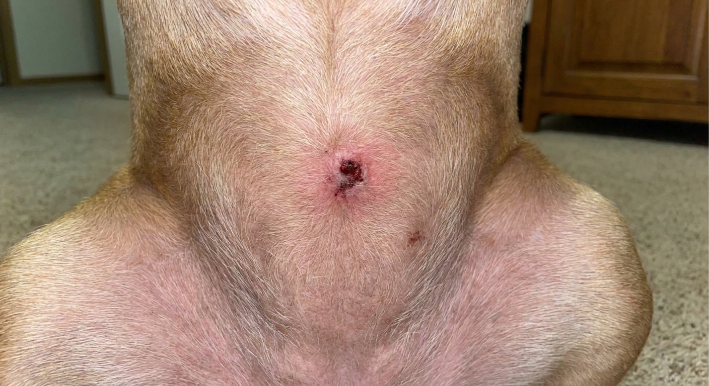 A close realistic photo of a dog’s lower belly with a small scabbed wound and mildly irritated surrounding skin, indoor lighting