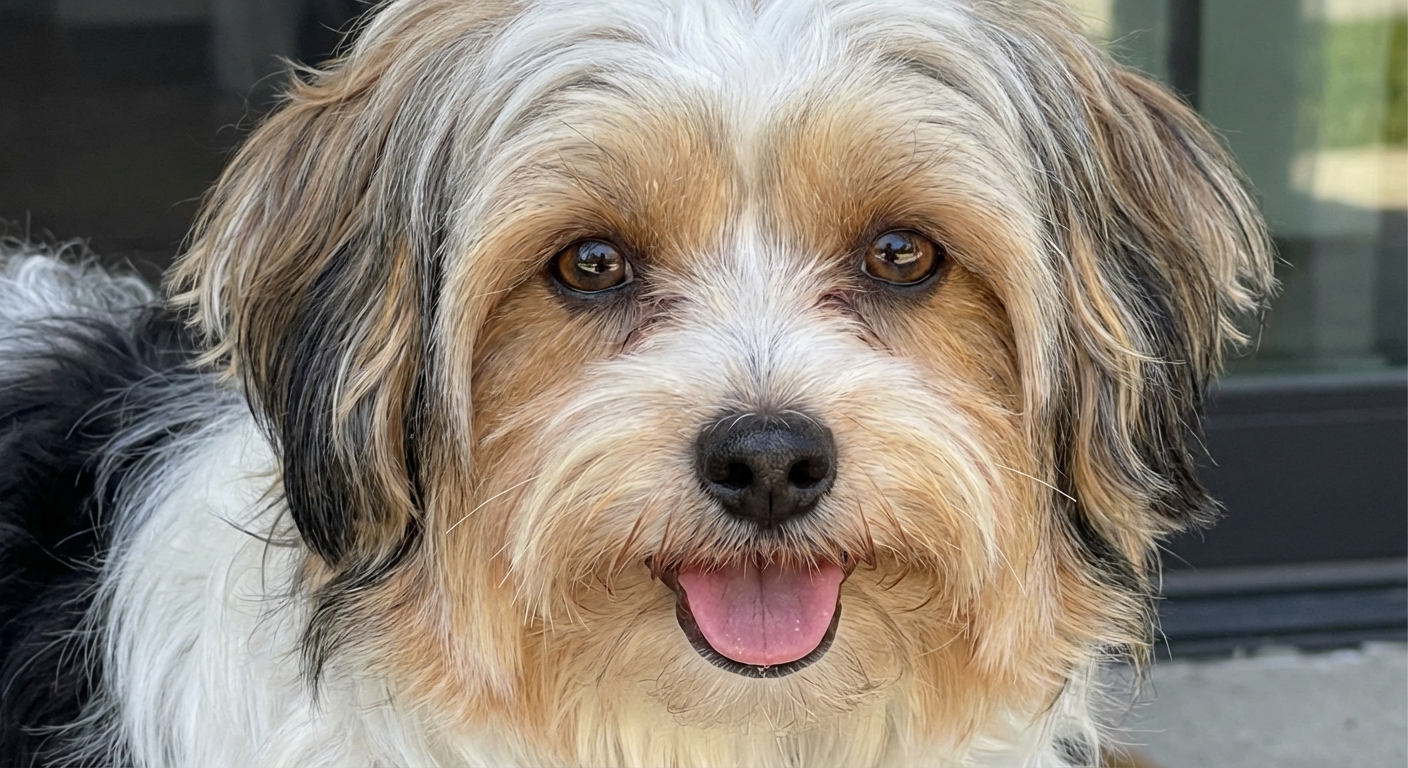 A close-up of a Morkie with a silky coat and bright eyes, showing typical facial features